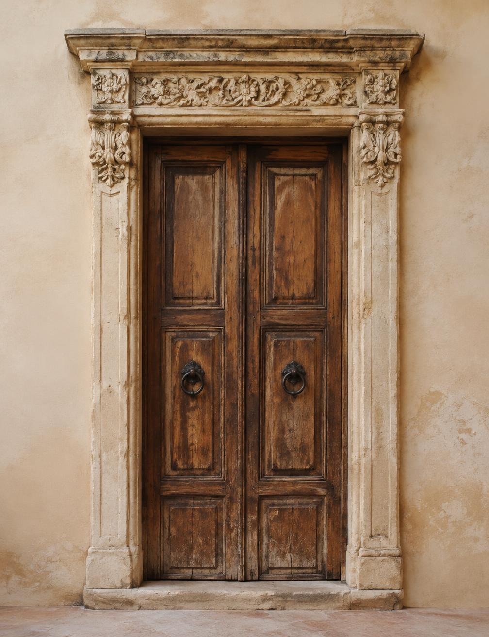 Historic carved stone doorway with weathered wooden doors